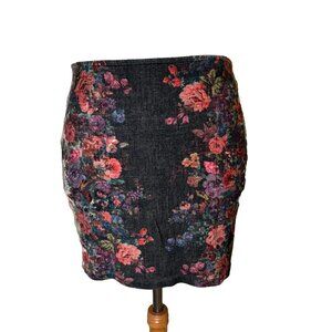 Women Faux Embroidery Flower Print Stretch Mini Skirt Black Floral #146